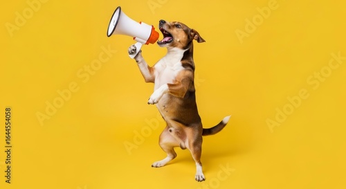 Playful dog with megaphone against bright yellow background
