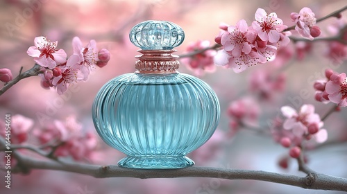 Blue perfume bottle sits on a branch with pink blossoms in soft focus.