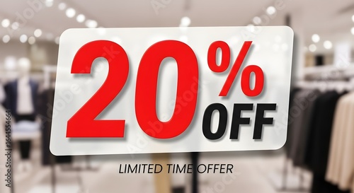 Twenty percent off sale banner with limited time offer on blurry background