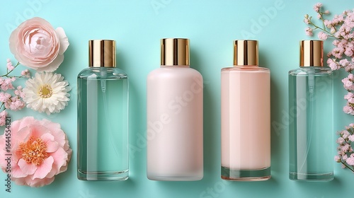 Bottles of lotion and liquid with flowers on a light blue background.