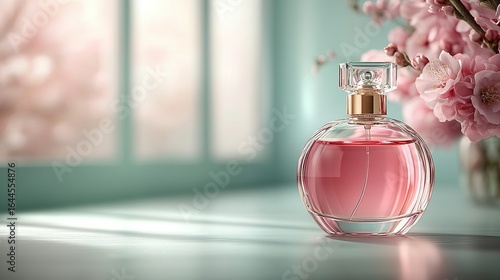 Perfume bottle with pink liquid sits on a table near flowers and window.