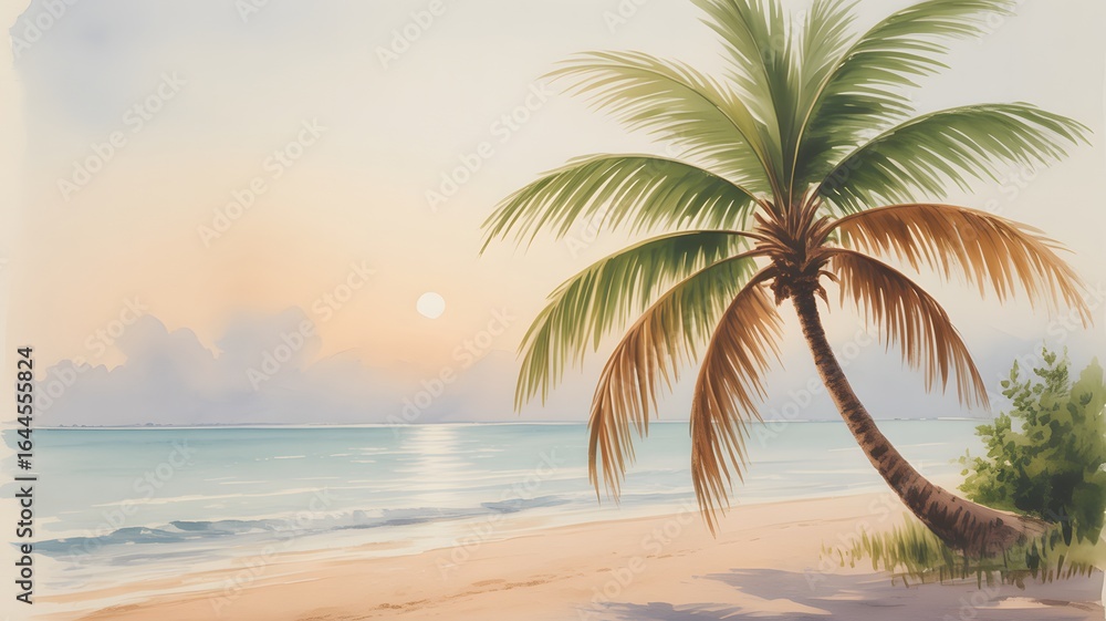 Fototapeta premium A vintage-style watercolor painting depicting a serene tropical beach with a palm tree at sunset