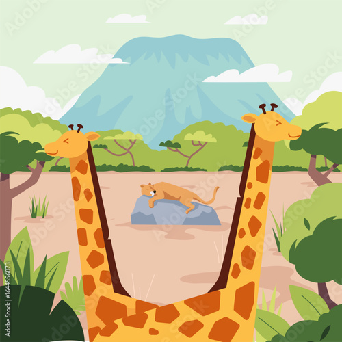 2 Giraffe eats in Savana Grassland and lion sleeping