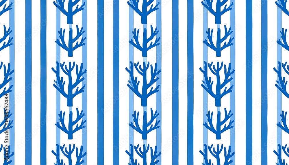 Seamless Pattern: Blue Nautical Branches on Striped White Backdrop Seamless Pattern: Blue Nautical Branches on Striped White Backdrop