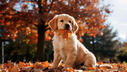 The golden retriever's adorable charm under the warm autumn sun