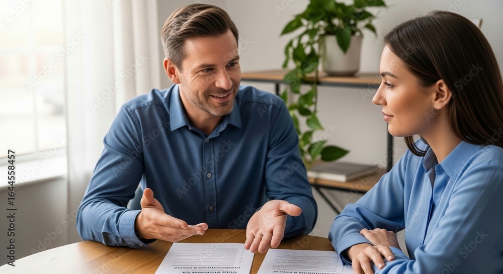 Fototapeta premium Smiling business man discussing agreement contract with female client in modern office workplace during consulting meeting and collaboration.