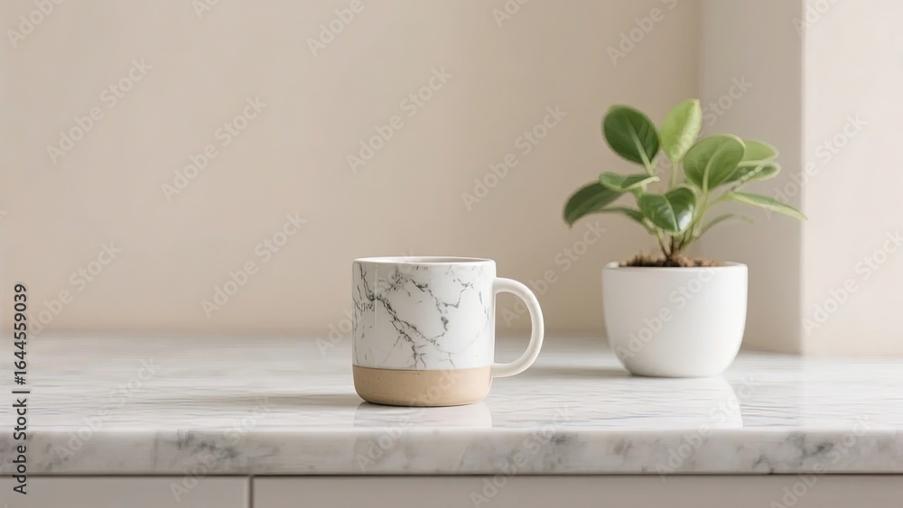 Marble-patterned mug and potted plant on a marble countertop Marble-patterned mug and potted plant on a marble countertop