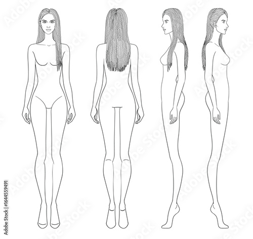 Fashion outline sketch croquis figurines front side back view with long braids hair woman in vector.