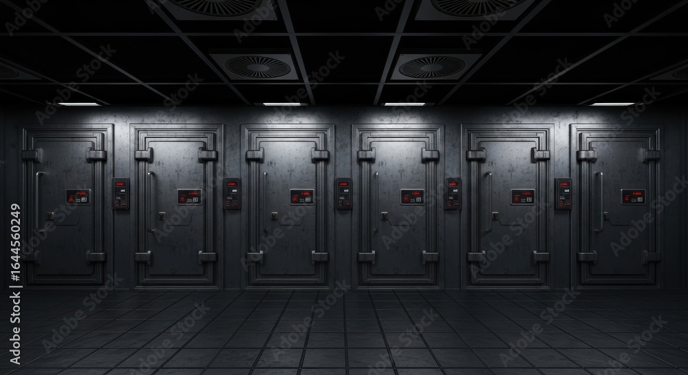 Naklejka premium Dark Corridor with Multiple Secure Vault Doors in a Bank or Storage Facility