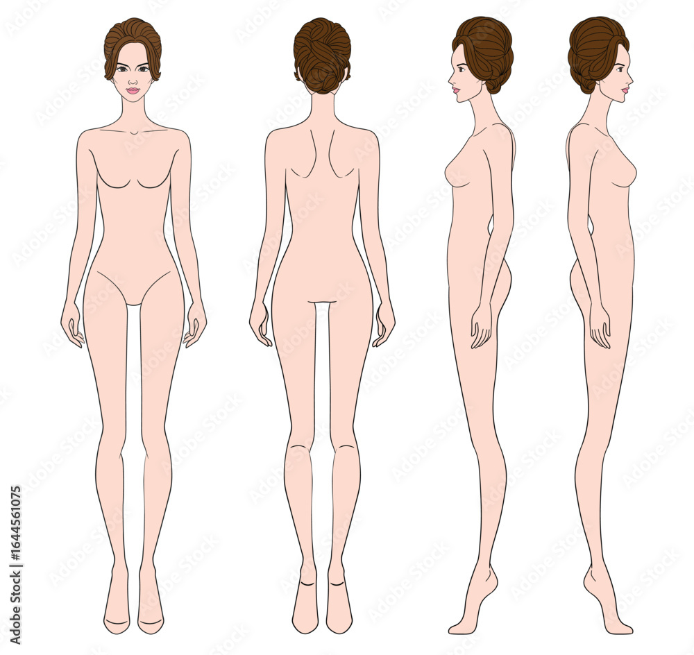 Fototapeta premium Colored fashion croquis figurines front side back with updo hair woman in vector.