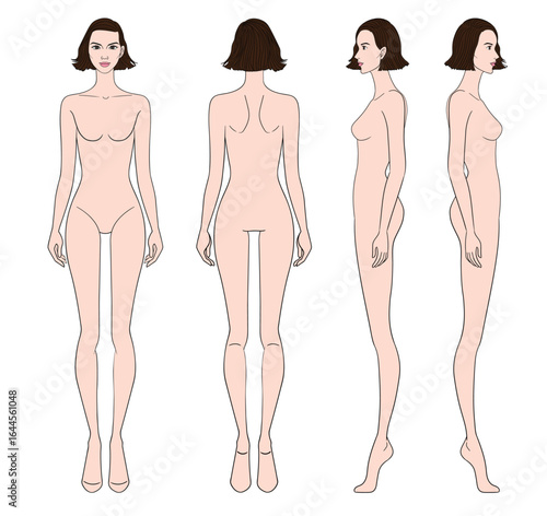 Colored fashion croquis figurines front side back with fair skin short hair woman in vector.