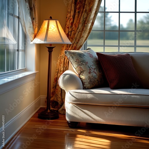 Sunlit living room corner with comfy couch, floor lamp, and patterned pillows near window