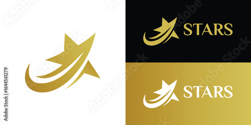 Rising Stars Logo Design With Elegant Golden Flying Swoosh Star Graphic Concept for Luxury, Entertainment, and Award Branding symbol