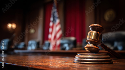 Gavel on Courtroom Bench with Blurred American Flag