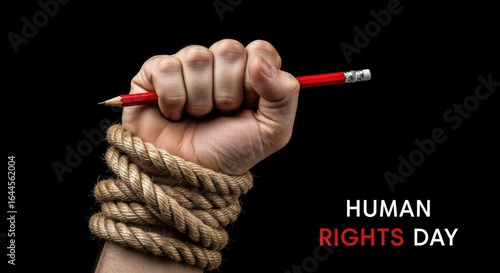 Human Rights Day Concept with Fist Wrapped in Rope Holding Red Pencil