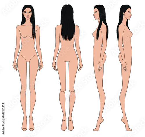 Colored fashion croquis figurines front side back with tan skin short hair woman in vector.