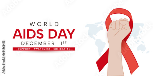 World AIDS Day banner design, featuring a clenched fist symbol against a red ribbon background, suitable for social events