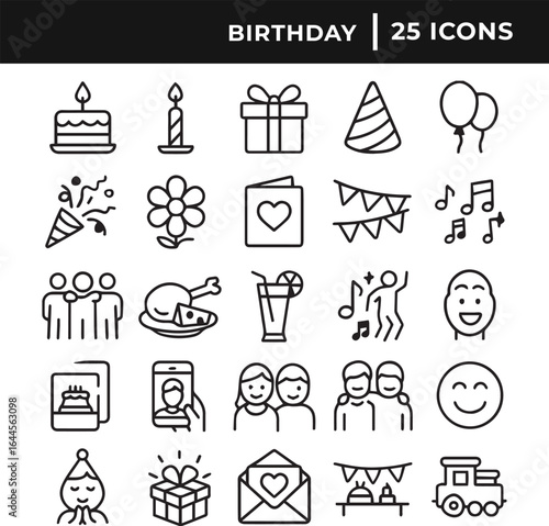 Set of birthday celebration related icon collection line art vector illustration