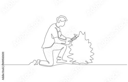 Continuous one line drawing of person kneeling and trimming bush with garden shears, symbolizing garden care, single line art
