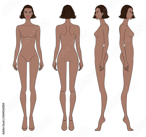 Colored fashion croquis figurines front side back with brown skin short hair woman in vector.