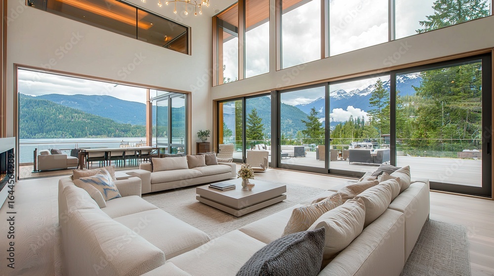 Fototapeta premium A modern, spacious living room with large windows showcasing mountainous views, featuring a neutral color palette and contemporary furniture.