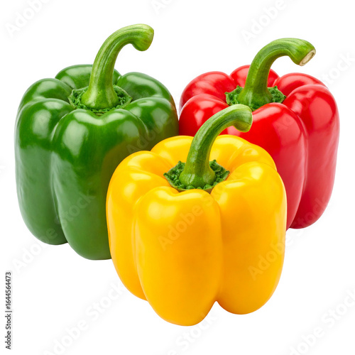 Vibrant Pepper Quartet Isolated On White Background: A colorful array of bell peppers – a verdant green, a sunlit yellow, and a passionate red – arranged to showcase the freshness. 
