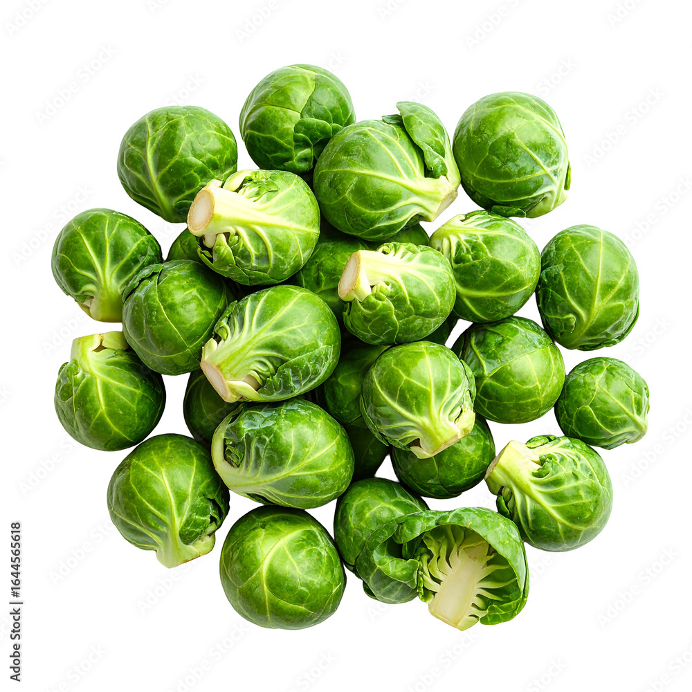 Fototapeta premium Fresh Brussels Sprouts Isolated On White Background: A vibrant cluster of fresh, green Brussels sprouts. Healthy vegetables for cooking and preparing dishes. 