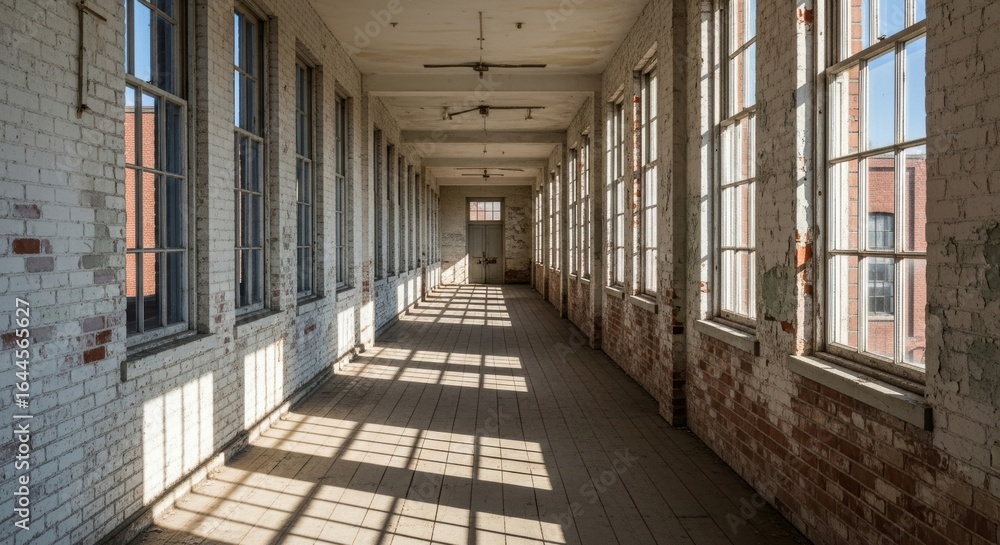 Fototapeta premium Long Empty Hallway in Abandoned Factory with Many Windows and Peeling Paint