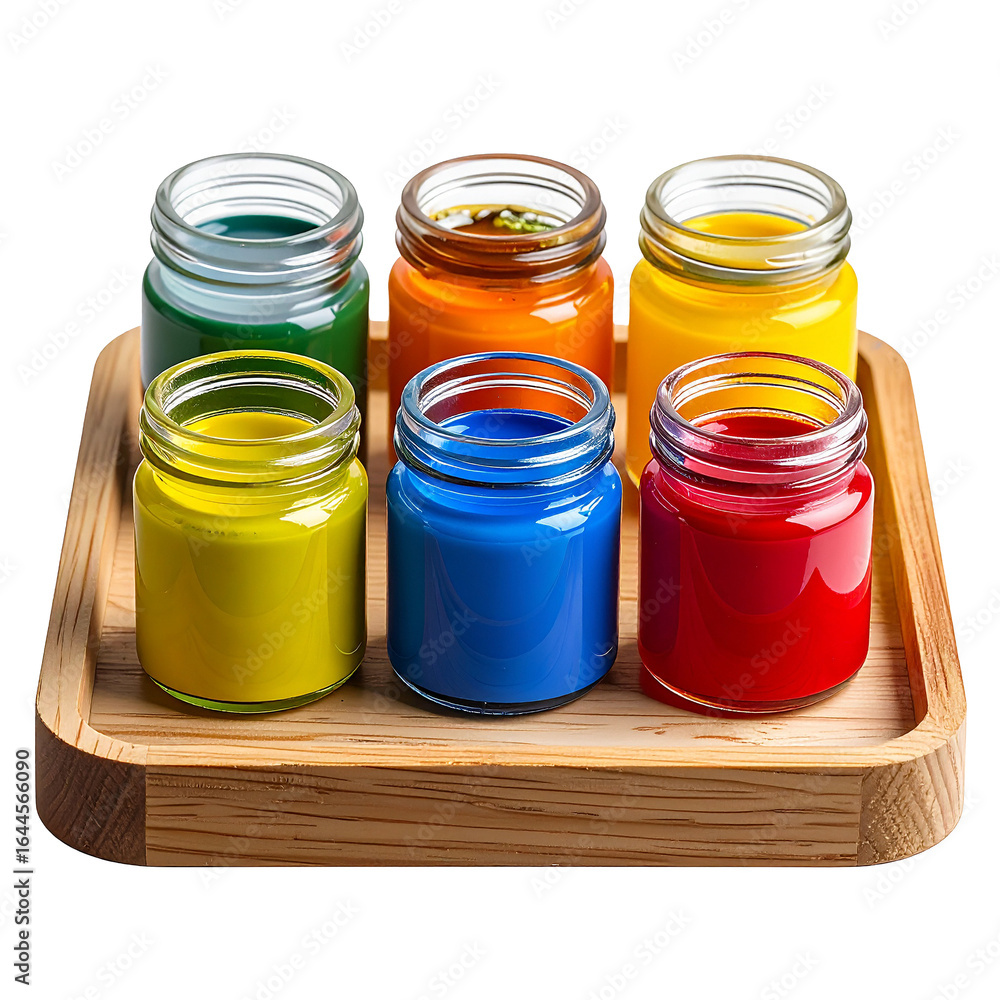 Vibrant Paint Palette Isolated On White Background: A colorful collection of six paint jars, each filled with a bold and saturated hue, rests elegantly on a wooden tray. Vibrant Paint Palette Isolated On White Background: A colorful collection of six paint jars, each filled with a bold and saturated hue, rests elegantly on a wooden tray.