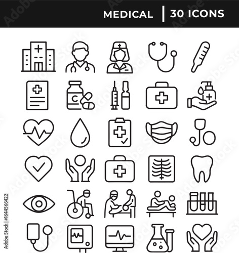 Set of medical related icon collection line art vector illustration