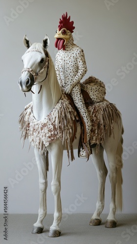 A white horse adorned with a patterned textile, carries a rooster-like figure in a matching costume
