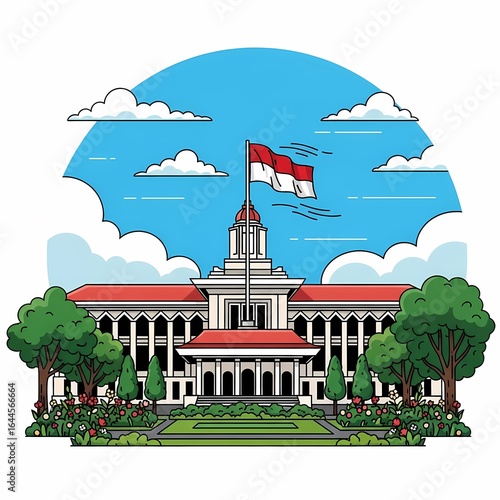 National flag above white dome government building