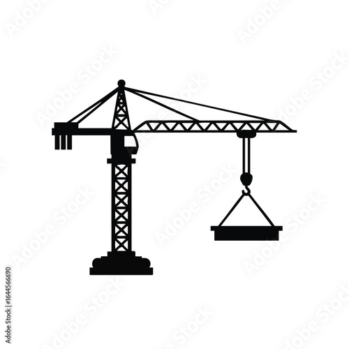 A black silhouette of a tower construction crane lifting a heavy load against a clean white background.