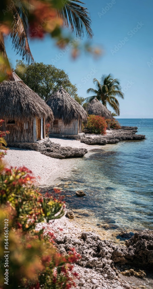 Fototapeta premium Tropical beach huts, ocean view, Caribbean vacation