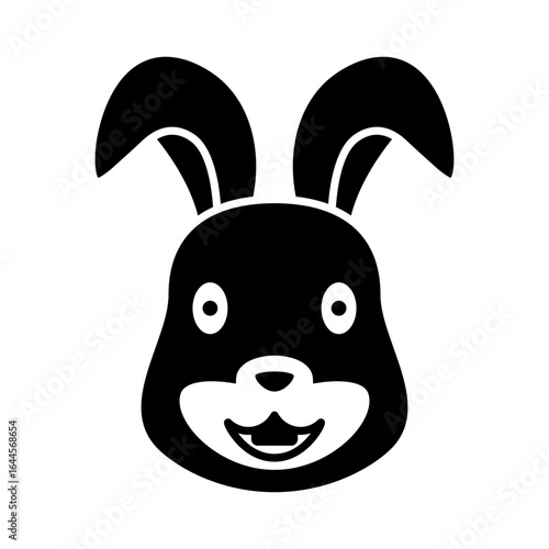 minimalist black and white vector illustration of a happy rabbit's face. the design features a rounded head, long ears, large round eyes, a small nose, and a simple mouth with two prominent buck teeth