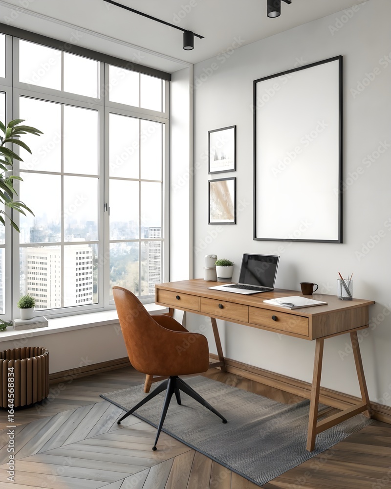 Fototapeta premium Modern home office with large window and natural light