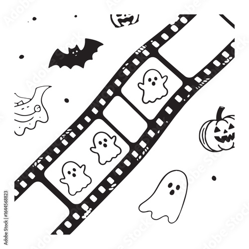 A sticker depicting a vintage film roll with playfully spooky tiny ghost faces peering out from each frame. 