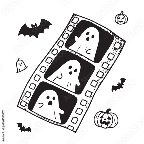 A sticker depicting a vintage film roll with playfully spooky tiny ghost faces peering out from each frame. 