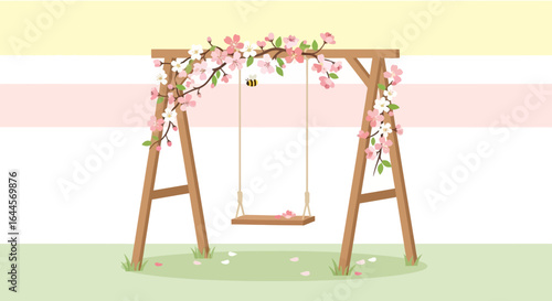 A whimsical scene featuring a charming swing adorned with blossoms and a buzzing bee, evoking a sense of peacefulness