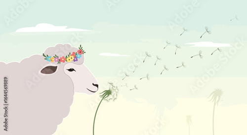 A whimsical scene of a sheep with a flower crown blowing a dandelion seeds in a pastel landscape