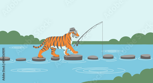 A whimsical scene of a tiger wearing a hat and fishing while crossing a river on stepping stones