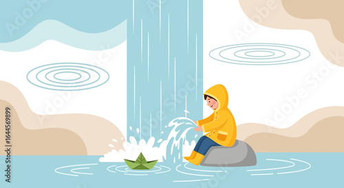 A whimsical scene of childhood joy in the rain a boy with yellow raincoat