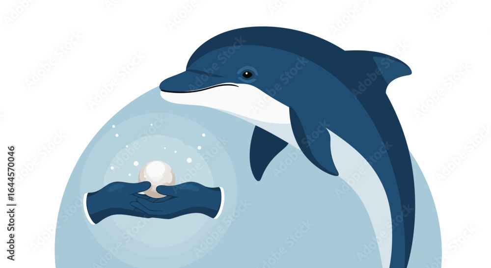 Naklejka premium A captivating marine illustration featuring a graceful dolphin and a shimmering pearl in hands creating a magical underwater scene