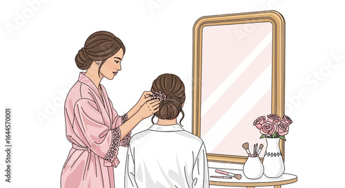 A bride preparing for her wedding day with the help of a friend getting ready getting ready