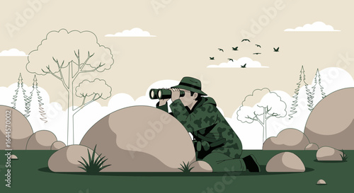 A camouflaged observer with binoculars enjoying nature's wonders in serene outdoors