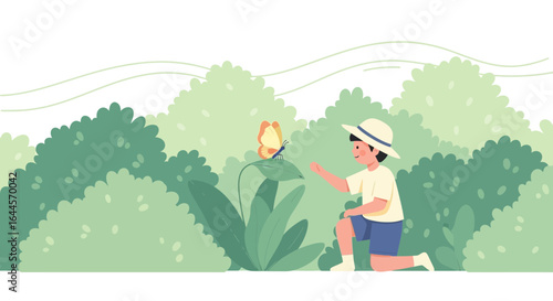 A boy observes a butterfly in a lush green setting evoking childhood wonder and nature appreciation