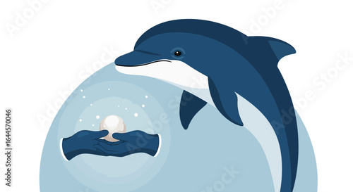 A captivating marine illustration featuring a graceful dolphin and a shimmering pearl in hands creating a magical underwater scene