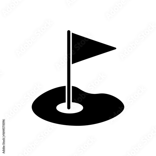 black and white vector illustration of a golf hole with a flag.