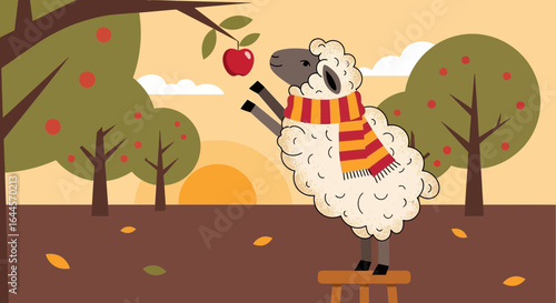 A whimsical vector illustration of a sheep picking an apple during the autumn season