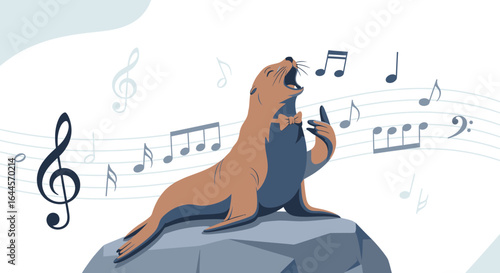 A charismatic singing seal passionately performs on a rock stage with musical notes surrounding him creating a whimsical serenade